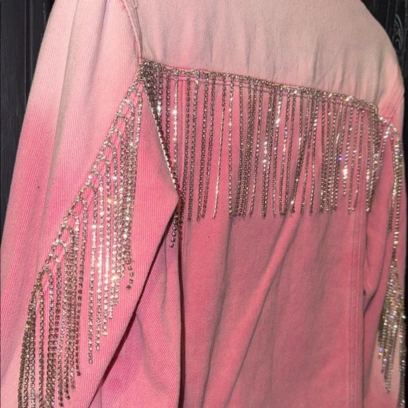 Savanna Jane Pink Jean Jacket with Rhinestone Fringe - Picture 3 of 9